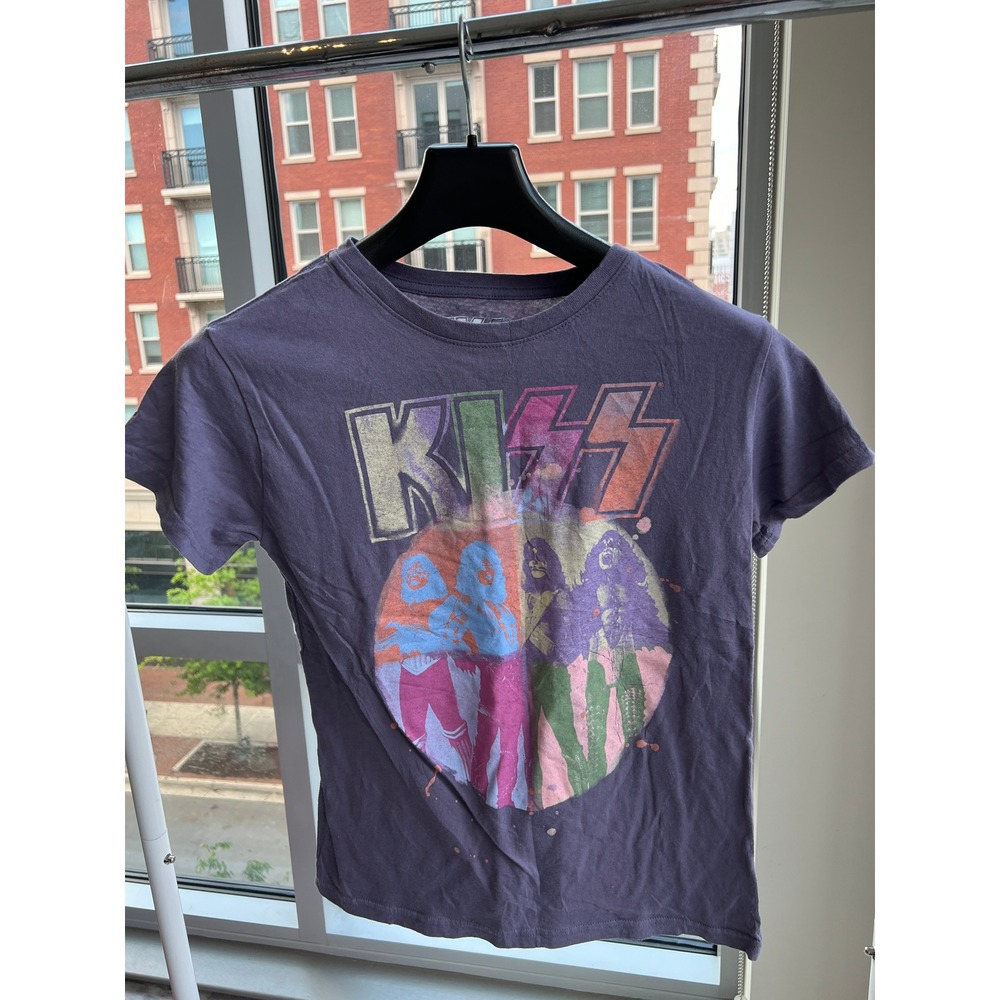 KISS Band Graphic Tee Purple Distressed Cotton Short Sleeve T-Shirt Womens XS